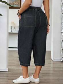 Plus Size Women's Dark Grey Elastic Waist Capri Length Jeans, Topstitching Craftsmanship, Comfortable Vintage Mid-Length Pants For Summer Commute Casual - Dark Grey - View 6