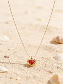 18K Gold Plated Green Heart & Red Heart Crystal Pendant Necklace, Bohemian Style Gold Summer Beach Vacation Accessories, Stainless Steel Delicate Cubic Zirconia Emerald Heart Necklace - Gold - View 6