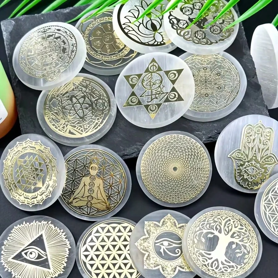 6厘米天然水晶透石膏片，白色石膏，天然透石膏石水晶圆盘，透石膏充电板 - 白色 - 查看 1