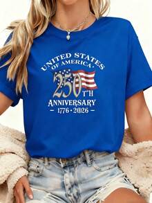 Women 250th Anniversary American Flag Tee, 1776-2026 250 Years Independence 4th Of July Casual Crew Neck Short Sleeve Graphic T Shirt - 藍色 - 查看 5