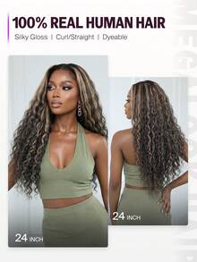 MEGALOOK 升级款 13x6 三合一™ 蕾丝前假发，真人发，挑染棕色波西米亚卷发，无胶耳到耳蕾丝前假发，自然黑色透明蕾丝，中号假发帽带抽绳，预剪漂白发结，预拔毛发际线，女士真人发假发 - S1/4/27 - 查看 8