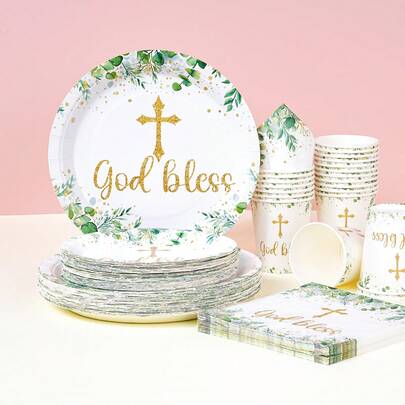 Cross Pattern Disposable Tableware Set, 7/9 Inch Party Plates, Disposable Paper Plates, Cups, Napkins, Suitable For Holidays, Weddings, Engagements, Birthdays, Parties, Celebration Events