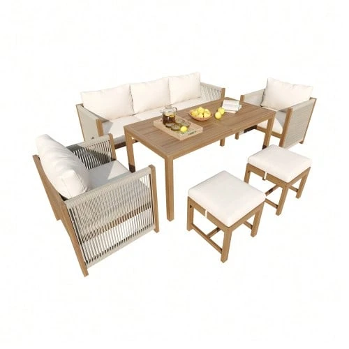 Garden Dining Set, Garden Lounge Chair Set, 6-Piece Set. Garden Furniture Including A 3-Seater Sofa, 2 Armchairs, 2 Stools, A Dining Table And A Beige Acacia Wood Tabletop. - Beige - View 1