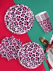 50 piezas Suministros para fiesta con estampado de leopardo Tema de guepardo Decoración de cumpleaños Vajilla desechable - Incluye platos de papel, servilletas, vasos de papel, Adecuado para fiesta de cumpleaños con tema de estampado de leopardo rosa para niñas - Multicolor - Ver 3