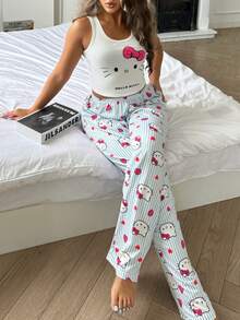 SANRIO [WONDER WORLD]2pcs Hello Kitty Women Graphic Crop Top + Elastic Waist Pants Cute Pajama Set - White - View 9