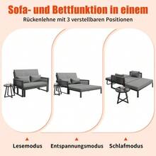 Garden Lounger With Woven Iron Armrests / Weatherproof Outdoor Sofa / Includes Glass Coffee Table & Cushions / Grey - Gray - View 7