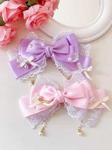 1 chiếc kẹp tóc Lolita màu hồng hình nơ ren đính ngọc trai tua rua lưới, kiểu dáng dễ thương mùa xuân, phù hợp để sử dụng hàng ngày. - Kẹp tóc Lolita - Xem 6