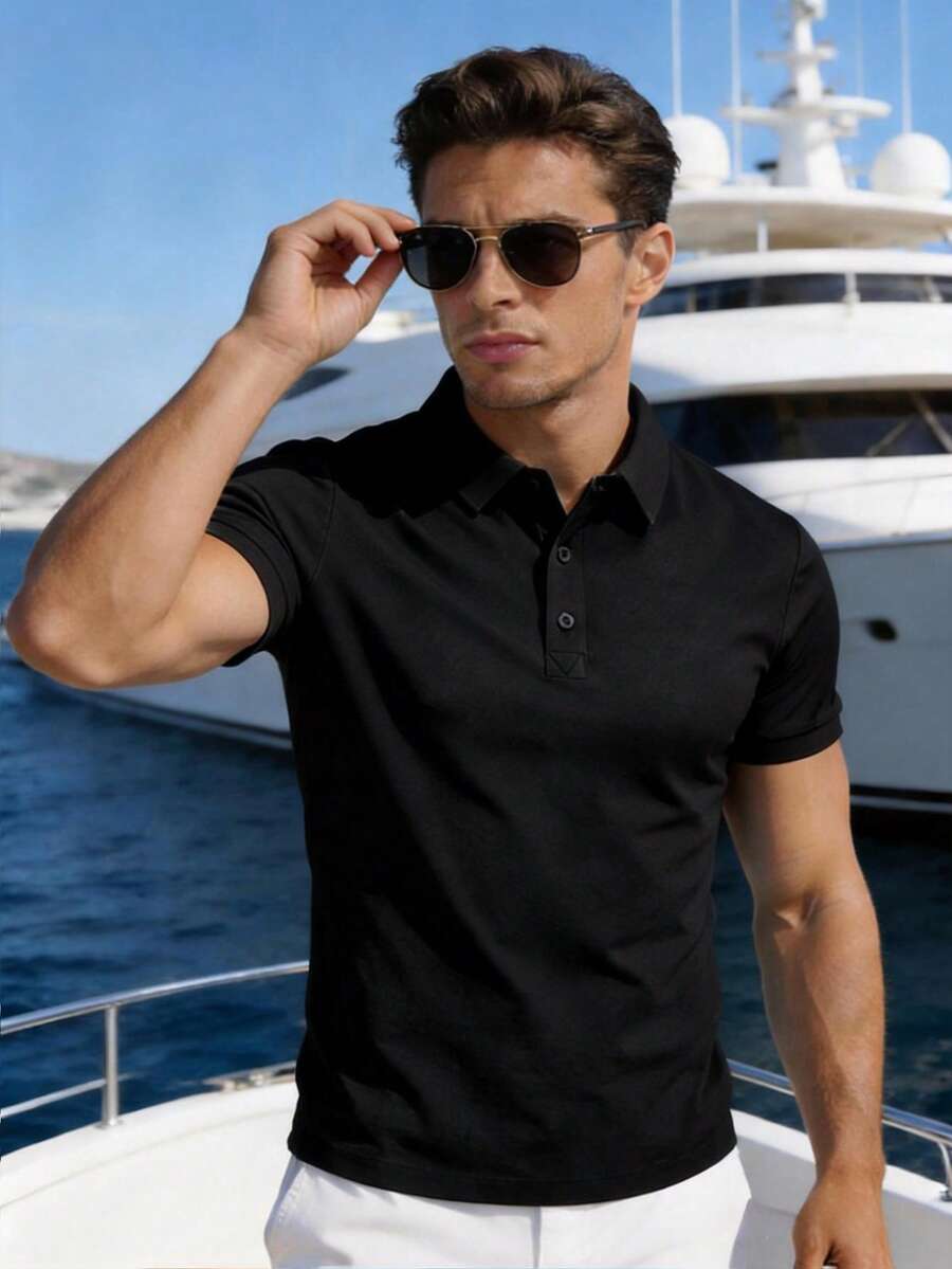 男士純色透氣休閒商務運動 Polo 衫,彈性舒適 Polo T-shirt,適合跑步、健身、運動,黑色 - 黑色 - 查看 1