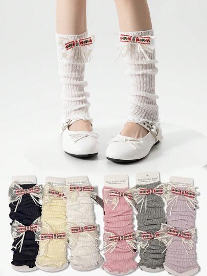 1 đôi tất giữ ấm chân nữ, kiểu dáng mỏng, dệt kim, thắt nơ, màu trơn, giúp thon gọn đôi chân, thích hợp mặc vào mùa xuân/hè.