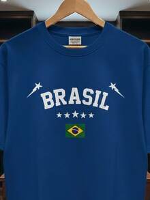 Unisex T-Shirt, Fan Style, Brazilian National Football Team, Stars, Short Sleeve, Men's/Women's, 100% Cotton, Casual, Crew Neck - Xanh đậm - Xem 2
