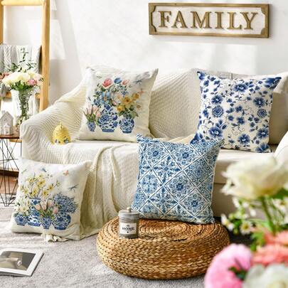 4PCS Chinese-Style Porcelain Vase Floral Pillowcase, Spring And Summer Floral Cushion Cover, Sofa Living Room Home Decoration, Single-Sided Without Pillow Insert