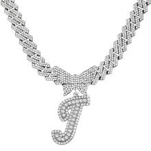 14mm Cuban Link Crystal Butterfly Letter Name Pendant Necklace, Sparkling Paved Rhinestone Cursive Letter Hip Hop Jewelry, New Arrival - Necklace - View 31