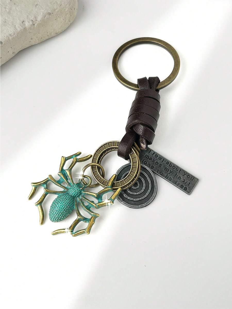 1pc Antique Bronze Leather Keychain Pendant, Spider Charm, Minimalist & Fashionable Unisex Key Chain, Unique Design - Army Green - View 1
