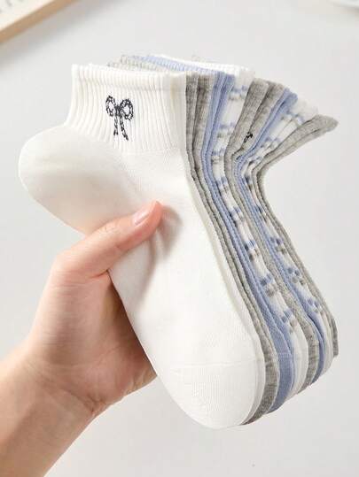 5 Pairs Women Cute Sweet Breathable Bow, Stripe, Puppy Pattern Short Invisible Socks, Ankle Socks, Cartoon Animal Pattern Socks, White Socks, Suitable For Casual Daily Wear, All Seasons