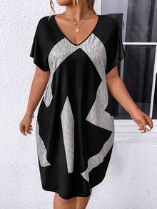 Vestido casual de manga corta con estampado de color contrastante, elegante para vacaciones de verano, talla grande para mujer - Multicolor - Ver 3