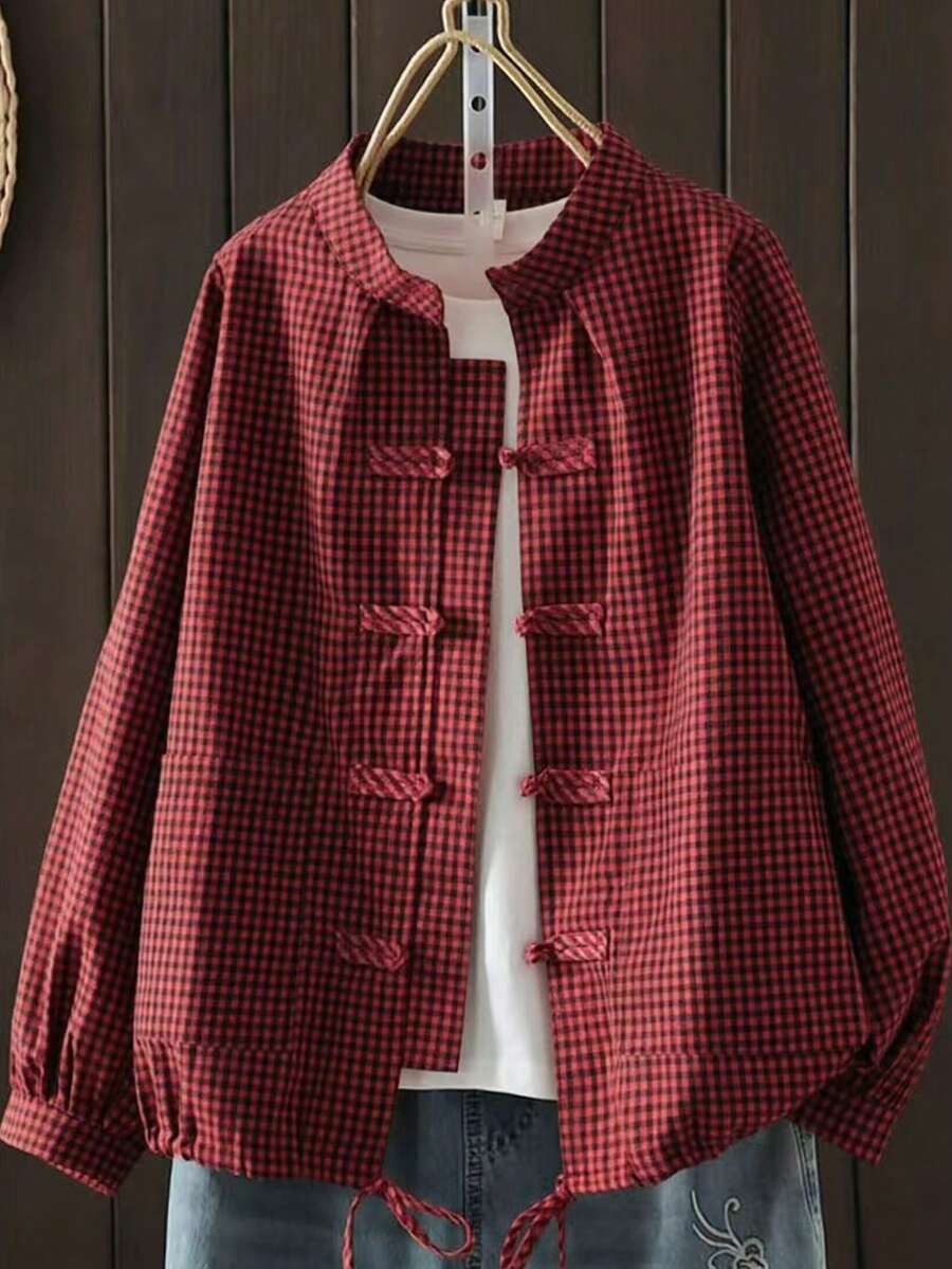 女士复古格子纽扣衬衫,宽松立领针织衫,适合春秋季穿着 - 深紅格 - 查看 1