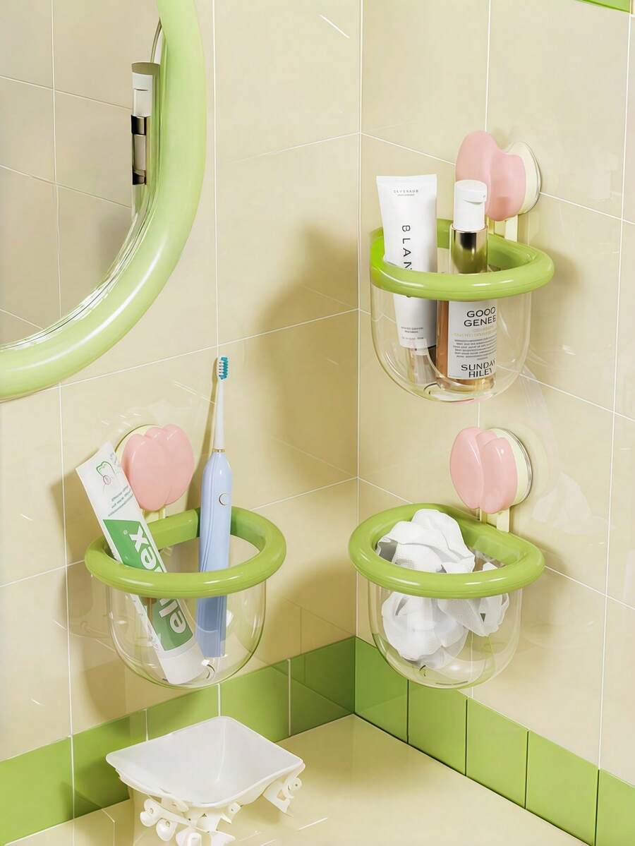 1pc Tulip Shaped Suction Cup Bathroom Storage Basket, Dopamine Cute Organizer Rack, Kitchen/Bathroom Jewelry & Cosmetic Storage, Plastic Countertop Sink Storage Box, Bathroom Sink Wall-Mounted Breathable Organizer Rack, Modern Style - Tulip - View 1