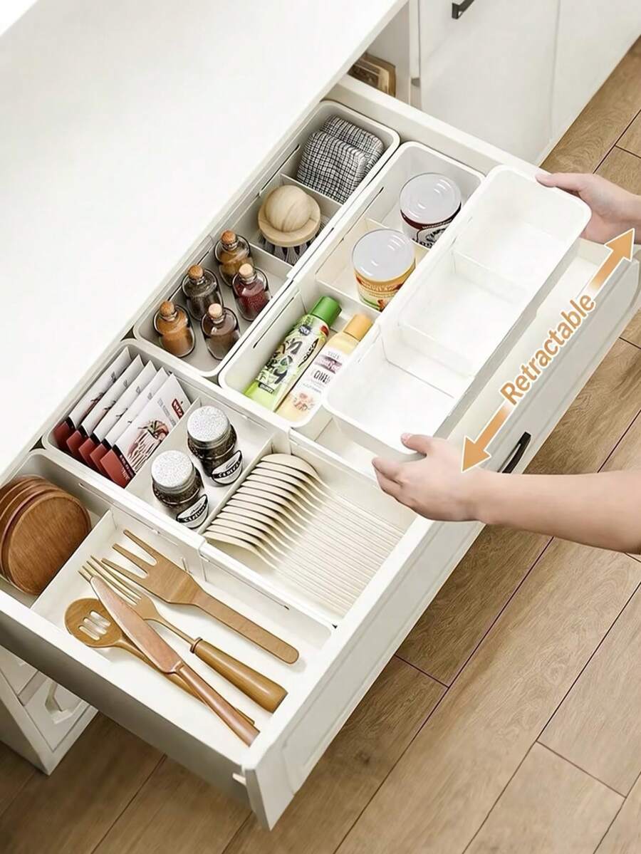1pc Adjustable Drawer Organizer, Expandable Drawer Divider, Multi-Purpose Storage Box Suitable For Kitchen Utensils, Office Supplies, Bathroom Cosmetics, Bedroom Essentials