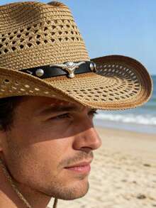 Mũ cao bồi kiểu miền Tây dành cho nam, mũ rơm thoáng khí chống tia UV, thích hợp cho hoạt động ngoài trời, mùa hè. - Nhiều màu - Xem 2