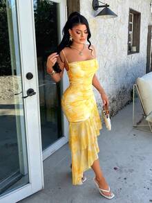 AIJ Women's Yellow Tie Dye Print Elegant Sexy Chic Ruched Backless Layered Ruffle Hem Asymmetrical Midi Dress Summer Spring Party Vacation Wedding Guest Beach Prom Season Graduation Season Spring Break Cami Dress Fishtail Dress - Yellow - View 6