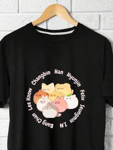 2026 Young Girl's Boy's Graphic Print Tops, Stray Kinder T-Shirt Kpop Meme T-Shirt Casual Loose Fit Round Neck Short Sleeve T-Shirt Comfortable For Daily Wear, Street Style, Home, Vacation In Spring Summer,Mommy And Daughter Matching Outfit Size 2Y-16Y, S-XXXL, Men Clothing, Tops For Women, Unisex Graphic T Shirt, Perfect Gift For Back To School And Mother's Day, Can Be Matched With Parent-Child Outfits - 黑色 - 查看 1