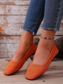 2026 Spring/Autumn New Solid Color Suede Flat Shoes, Korean Style Square Toe Candy Color Comfortable Casual Shoes, Plus Size For Export - Orange - View 3