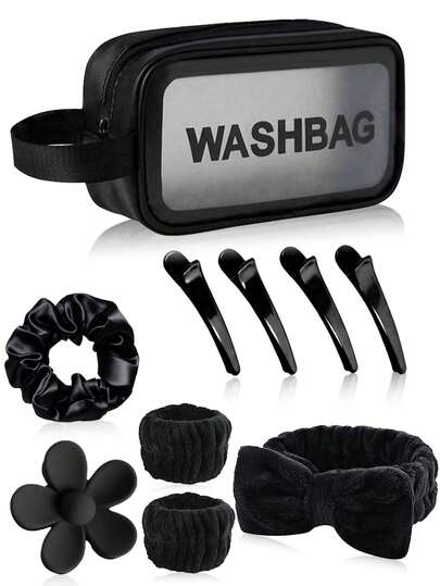 10件套黑色护肤护发收纳套装：透明洗漱包+毛绒发带和发圈+缎面发圈+花朵发夹+分区夹，便携式家用面部及化妆套装