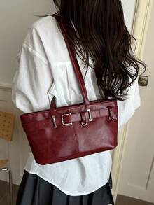 1pc Vintage Large Capacity Tote Bag, Commuter Oversized Underarm Bag, Fashion Motorcycle Handbag, PU Solid Color Oiled Wax Leather, Strap Decor, Zipper Closure, Women's Shoulder Bag For Work/School/Travel/Shopping/Business, Suitable For Daily Use - Burgundy - View 3