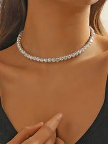 1 chiếc vòng cổ choker đính đá pha lê toàn thân dành cho nữ, đa năng khi phối cùng váy dạ hội, kiểu dáng cố định. - Bạc - Xem 1