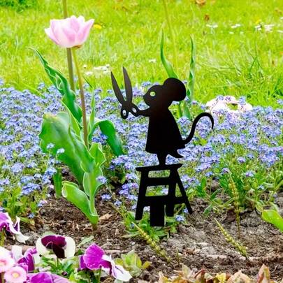 2 chiếc tượng chuột bằng kim loại kiểu mộc mạc, thiết kế hình kéo, đồ trang trí sân vườn bằng sắt đen, thích hợp cho Giáng sinh, tượng động vật ngoài trời, dùng cho sân vườn và hiên nhà, không cần nguồn điện, chịu được thời tiết.