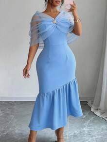 Women Blue Fitted Off Shoulder Mermaid Dress Spaghetti Straps Rhinestone Spring Summer Evening Party Wedding Guest Dress - Baby Blue - View 8