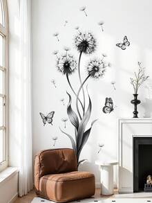 1pc Removable Dandelion & Butterfly Wall Sticker, Plant & Floral Decor For Bedroom, Living Room - 39084-yK-yuke - View 5