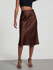 Chân váy midi satin cạp cao dành cho nữ, trang phục thường ngày thanh lịch cho mọi mùa xuân. - màu nâu - Xem 2