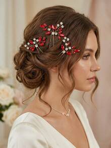 3pcs Vintage Luxury Crystal Red Diamond Leaf Gold Hair Clip Set, Romantic Wedding Party Hair Accessory - Red - View 7