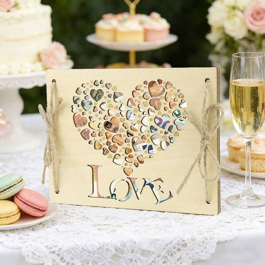 1个乡村风木质心形钱袋婚礼贺卡 - 激光切割LOVE图案，可装现金和礼品支票，适用于新娘送礼会、订婚和结婚纪念日 - C - 查看 1