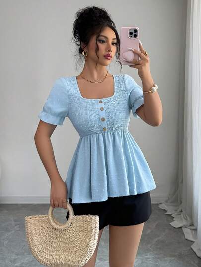 Camiseta casual de mujer con cuello cuadrado y cintura ceñida de jacquard elegante, adecuada para ir al trabajo y uso diario