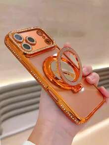亮片、钻石 1 件装奢华水晶水钻涂层保护手机壳，带闪亮珍珠装饰镜面支架，高品质防震边框后盖，兼容 17/16/15/14/13/12/11 - 橘色 - 查看 6