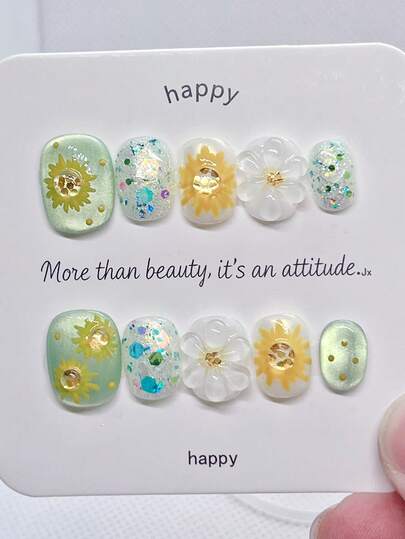 10片绿色手工按压式美甲片，短款方形和圆形3D猫眼美甲，带花朵装饰的亚克力美甲。美甲用品，覆盖，假指甲片，女士和女孩人造指甲，纯手工美甲