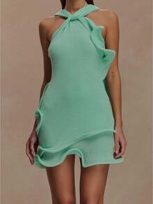 Women Knitted Mini Dress Y2k Halter Crochet Bodycon Short Dress Boho Ruffle Tiered Beach Sundresses Elegant Party Cocktail Dress - Màu xanh Bạc hà - Xem 1