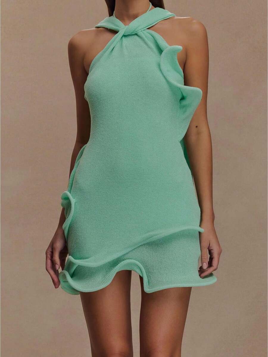 Women Knitted Mini Dress Y2k Halter Crochet Bodycon Short Dress Boho Ruffle Tiered Beach Sundresses Elegant Party Cocktail Dress - Màu xanh Bạc hà - Xem 1
