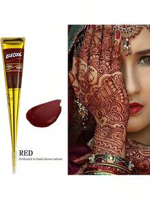 [Colorful Henna Tattoo Set]High-Quality Henna Tattoos In Multiple Colors, 12 Reusable Random Stencils | Pre-Mixed Natural Henna Dye For Temporary Body Art | Waterproof And Smudge-Proof, Durable | Beginner-Friendly DIY Kit, Suitable For Parties, Festivals, Halloween, Weddings, And Henna Nights - Đỏ + Nâu - Xem 4