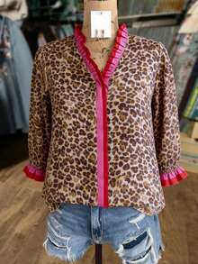Brown Leopard-Print Shirt With Ruffled Trim: Casual Long-Sleeve V-Neck Top-Lightweight, Breathable, And Versatile Women's Shirt - 豹紋 - 查看 1