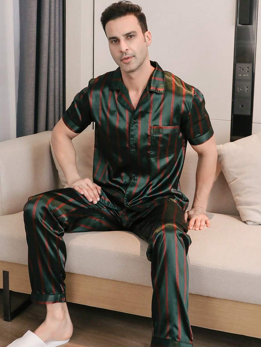 男士春/秋/夏短袖衬衫长裤睡衣套装（2件套），红绿条纹简约真丝缎面开衫纽扣休闲圣诞风家居服 - 綠色 - 查看 1