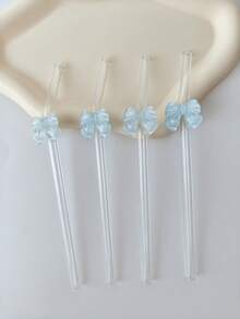 1 pieza/2 piezas/4 piezas Pajitas de vidrio reutilizables con acentos de lazo azul, pajitas de vidrio reutilizables claras y estéticas, ideales para bebidas frías, batidos, agua con gas, leche con té, jugos y talla grande. Perfecto para fiestas en la playa, picnics al aire libre, tiendas de postres, campamentos, suministros para fiestas, reuniones familiares, Navidad, Halloween, Día de San Valentín, regalo perfecto para niñas. - Ver 6