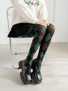 Plaid Floral Striped Blue & Green Velvet Tights, Diamond Pattern Nylon Cartoon Plaid Tights, High Stretch Breathable Comfortable Slimming Yoga Tights For Women, Cozy - 墨綠色 - 查看 4