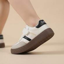 Tenis infantiles retro de entrenamiento con rayas de contraste para niño y niña, cierre adhesivo ajustable suela gruesa de goma material PU resistente antideslizante cómodos - Blanco - Ver 6