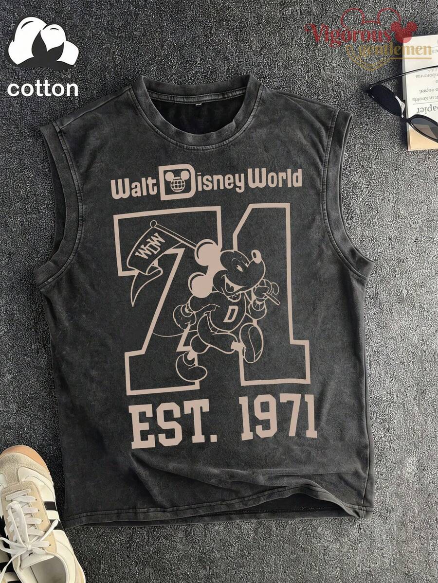 Disney Vintage Washed Retro Walt World 71 Print Sleeveless Tank Top - Black - View 1