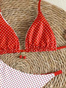 Women's Reversible Polka Dot Printed Bikini 2 Pieces Set, Fashionable Elegant Sexy Summer Beach Pool Party Swimwear Vacation - Red and White - View 9