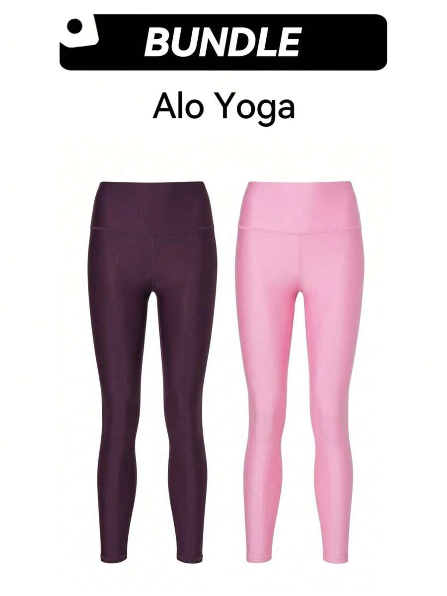 Alo Legging & Leggings Set Breathable Good Elasticity Lightweight Soft Stretch High Waist Daily Yoga Gym Women Red & Pink W5766R-BURGUNDY+W5766r-Pink - Dark purple-pink - View 1