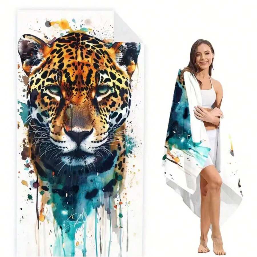 Toalla de baño con estampado de leopardo en acuarela, toalla de baño ligera y de secado rápido, toalla de microfibra suave para nadar, toalla de piscina, toalla de ducha, muy absorbente, perfecta para verano, exterior, deportes, viajes, playa, piscina - A - Ver 1